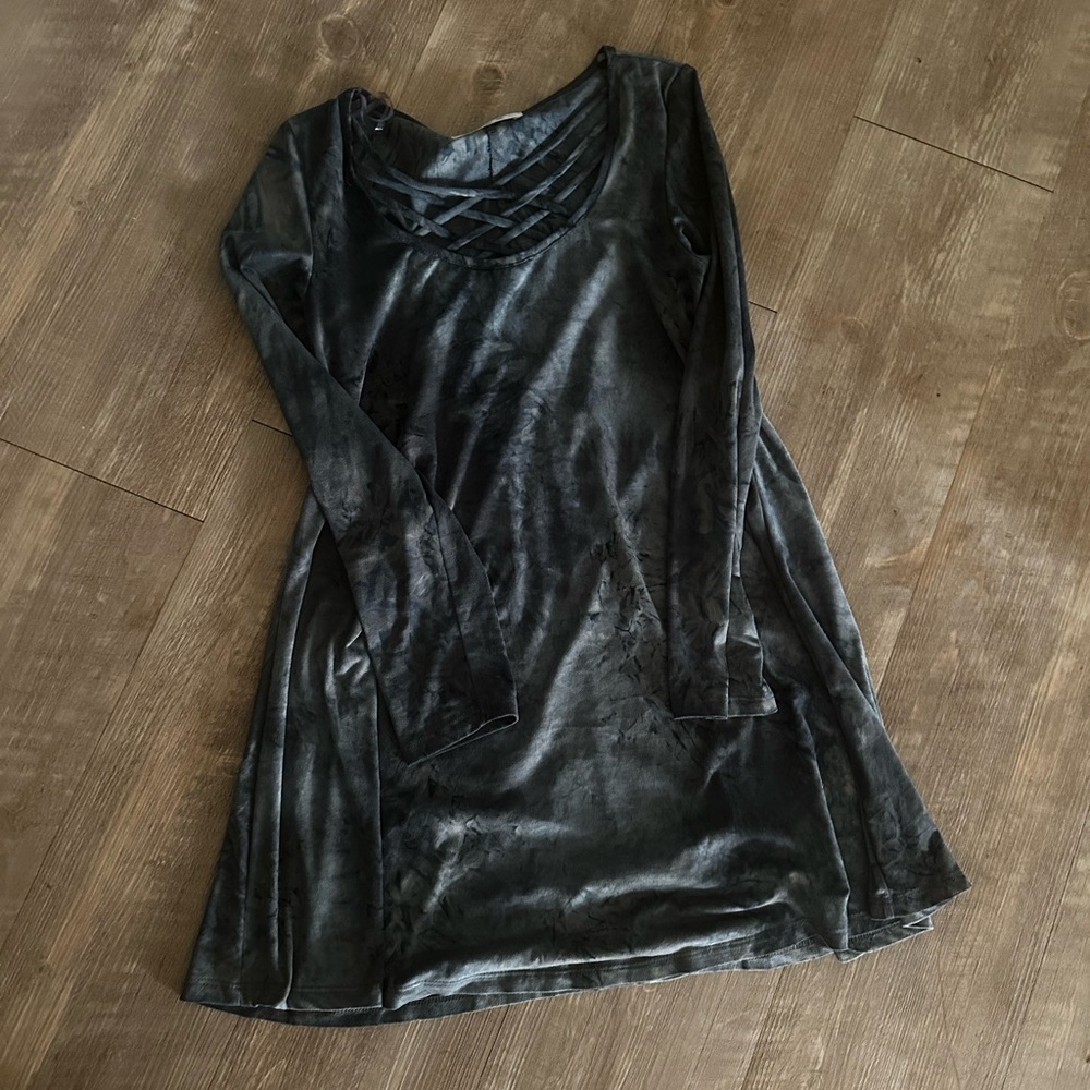 E2 Velvet Silver/Blue Mini Dress with Crisscross Detail